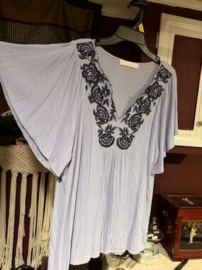 Fair haven Light Blue Embroidered V-Neck Women's Top